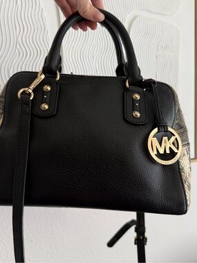 Michael Kors Black Leather Satchel with Gold MK Medallion